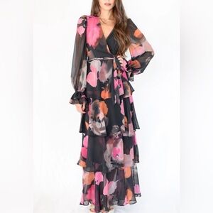 Anthropologie Vibrant Floral Long Sleeve Dress - Black, Pink, Orange